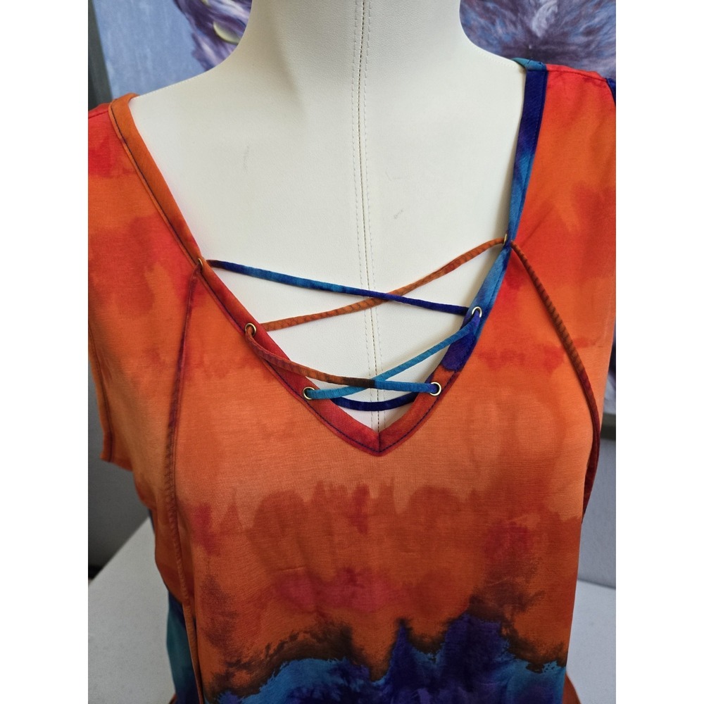 Worthington Women's L Orange Blue Purple Tie Dye Layered Chiffon Cross Tie‎ Tank - Picture 5 of 16
